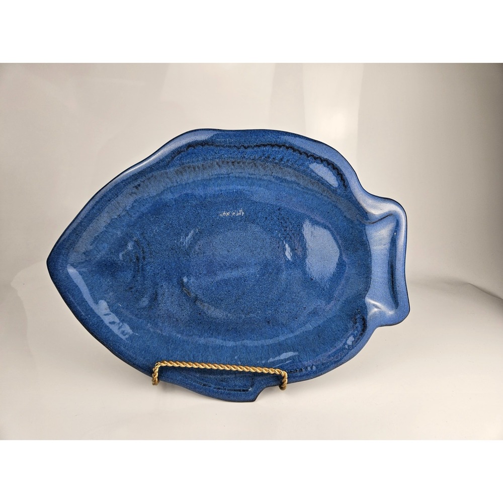 Signed Studio Pottery Cobalt Blue Fish Themed‎ Platter Handmade Ceramic